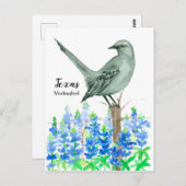 Texas Mockingbird Bluebonnet Wasserfarbe Postkarte (Vorne/Hinten)