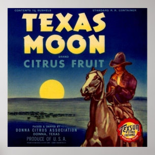 Texas-Mond-Zitrusfrucht-Kisten-Aufkleber Poster