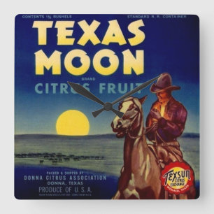 Texas Moon Citrus Fruit Crate Label Quadratische Wanduhr