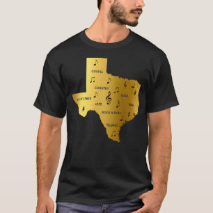 Texas-Musiknoten und -Genres in einem goldenen Tex T-Shirt
