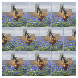 Texas Oil Pump Jack Sunset and Bluebonnets Border Stoff