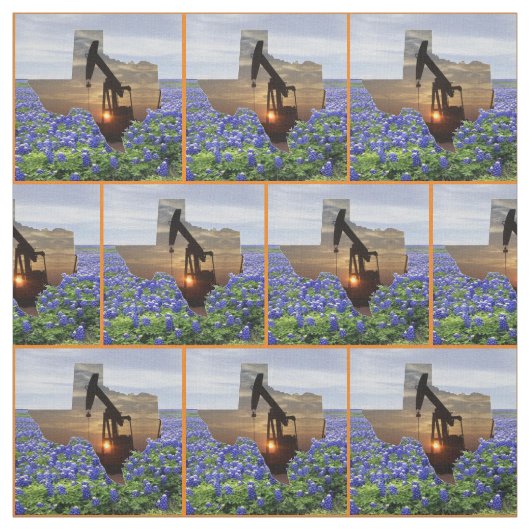 Texas Oil Pump Jack Sunset and Bluebonnets Border Stoff (Muster)