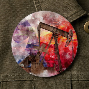 Texas Pumpjack-Aquarell mit Texas-Flaggen-Kunst Button
