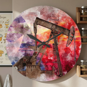 Texas Pumpjack-Aquarell mit Texas-Flaggen-Kunst Große Wanduhr