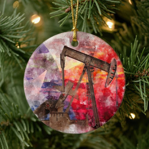 Texas Pumpjack-Aquarell mit Texas-Flaggen-Kunst Keramik Ornament