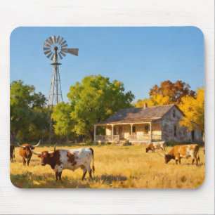 Texas-Ranch-Haus im Herbst mit Longhorns Mousepad