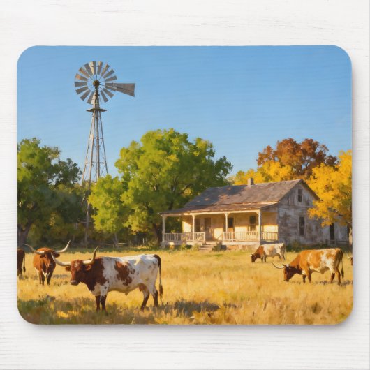 Texas-Ranch-Haus im Herbst mit Longhorns Mousepad (Vorne)