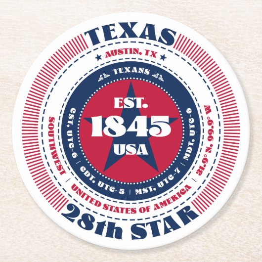 Texas Red White Blue Typografie Runder Pappuntersetzer (Vorderseite)
