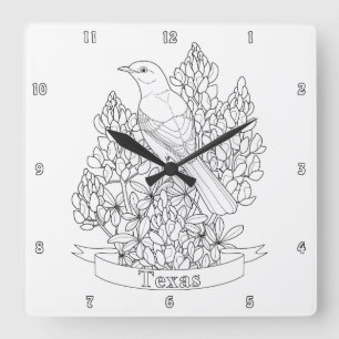 Texas Staat Bird & Blume Farbseite Quadratische Wanduhr