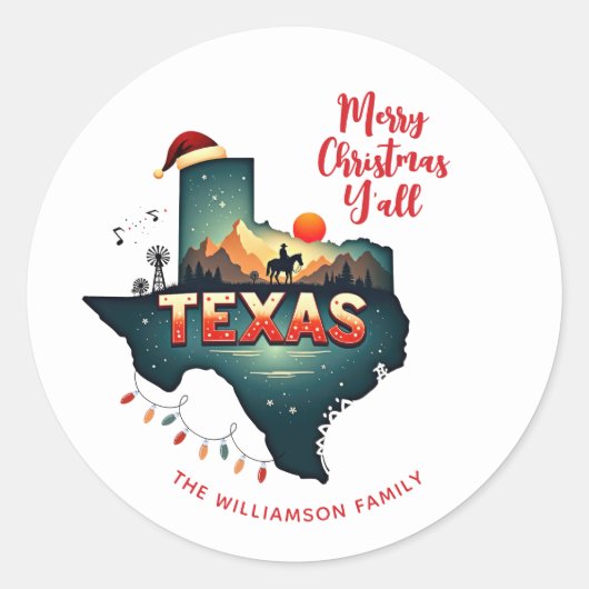 Texas Staat Frohe Weihnachten Y'all Custom Text Xm Runder Aufkleber (Vorderseite)