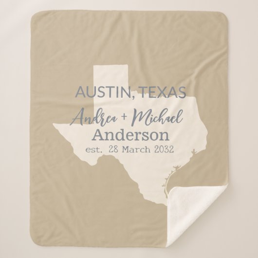 Texas Staat Karte Coupé Name und Datum Hochzeit Sherpadecke (Vorderseite)