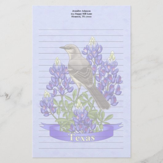 Texas Staat Mockingbird & Bluebonnet Blume Briefpapier (Vorderseite)