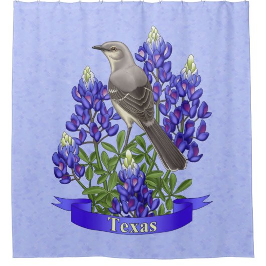 Texas Staat Mockingbird & Bluebonnet Blume Duschvorhang (Vorderseite)