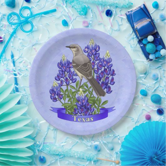 Texas Staat Mockingbird & Bluebonnet Blume Pappteller (Party)