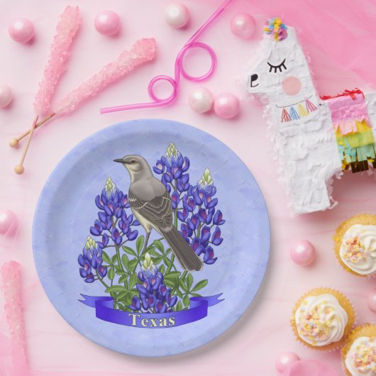 Texas Staat Mockingbird & Bluebonnet Blume Pappteller (Party)