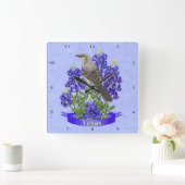 Texas Staat Mockingbird & Bluebonnet Blume Quadratische Wanduhr (Zuhause)
