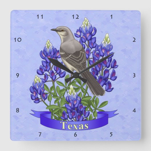 Texas Staat Mockingbird & Bluebonnet Blume Quadratische Wanduhr (Vorderseite)