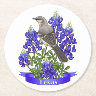 Texas Staat Mockingbird & Bluebonnet Blume Runder Pappuntersetzer
