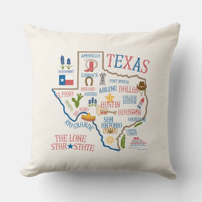 Texas Staat Sehenswürdigkeiten Illustration Pillow Kissen (Vorderseite)