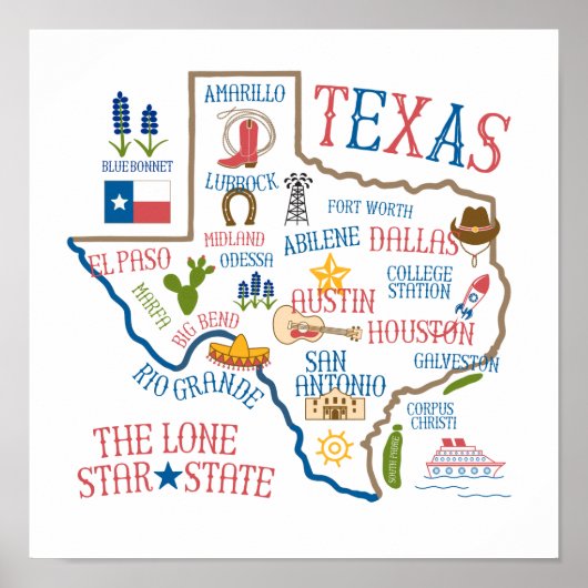 Texas Staat Sehenswürdigkeiten Illustration Poster (Vorne)