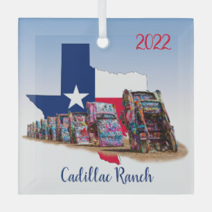 Texas Umriss & Cadillac Ranch Autos Ornament Aus Glas
