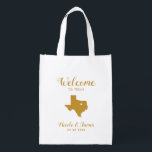 Texas Wedding Welcome Bag für Hotelgäste, Gold Wiederverwendbare Einkaufstasche<br><div class="desc">Hochzeitswochenende Begrüßungsgeschenktasche für Gäste außerhalb der Stadt zu Ihrer Hochzeit,  mit Bild von Texas,  mit Herz können Sie an der genauen Stelle platzieren. Fülle die Tasche mit deinen Lieblingsgoodies.</div>