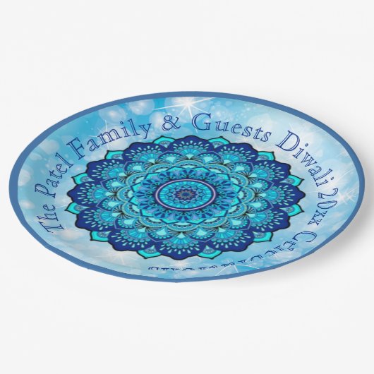 Text anpassen Diwali Blue 9"-Platte Pappteller (Schrägansicht)