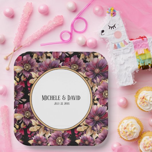 Text Black Gold Burgundy Blumenmuster Rand Pappteller (Party)