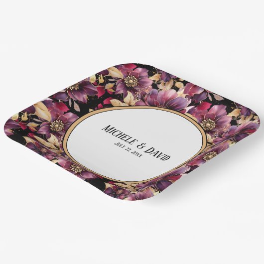 Text Black Gold Burgundy Blumenmuster Rand Pappteller (Gewinkelt)