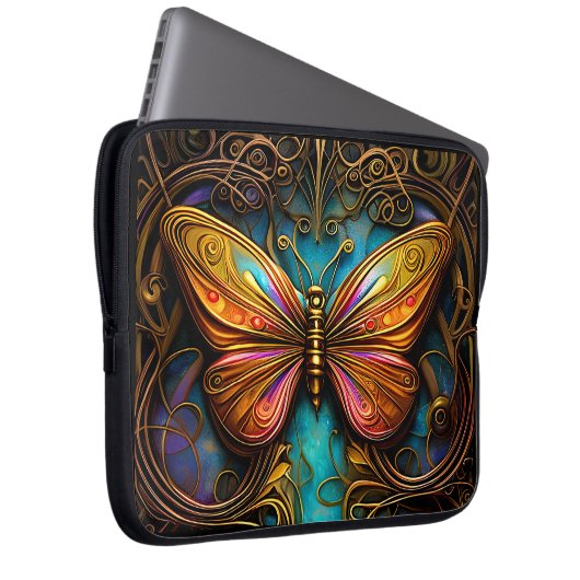 Text Bronze-Schmetterlinge auf Aqua Blue Laptopschutzhülle (Vorne Rechts)