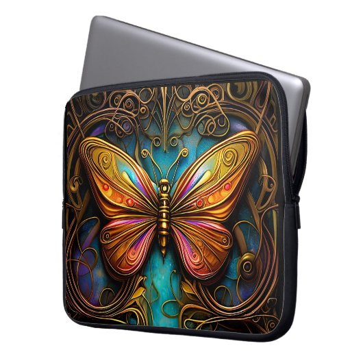 Text Bronze-Schmetterlinge auf Aqua Blue Laptopschutzhülle (Vorderseite Links)