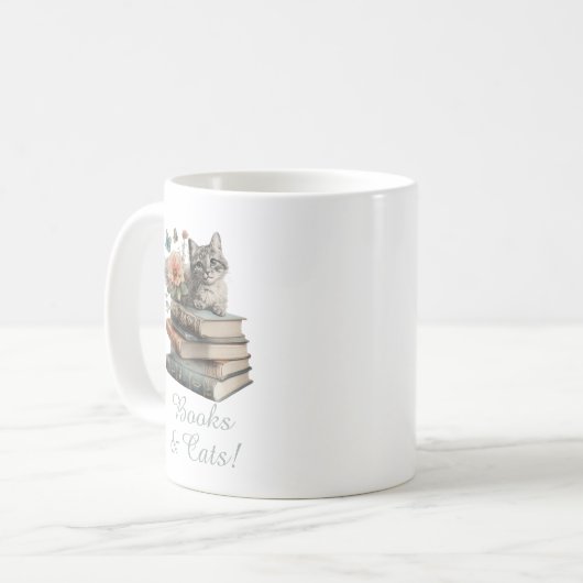 Text, Bücher und Katzen ändern, mit Blume, auf Sch Kaffeetasse (Vorderseite Links)