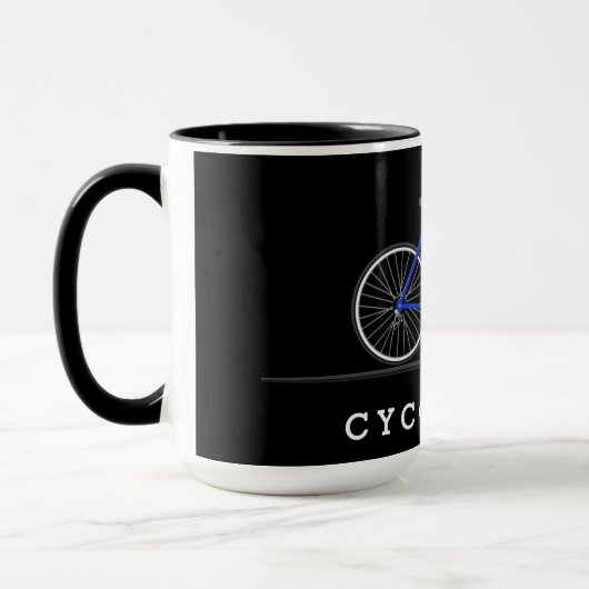 Text des Radfahrers mit blauem Fahrrad Tasse (Links)