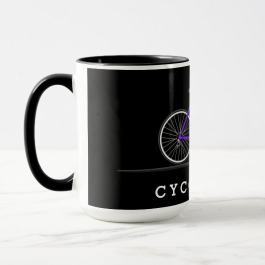 Text des Radfahrers mit lila Fahrrad Tasse (Links)