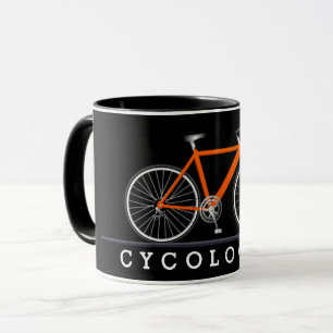 Text des Radfahrers mit orangefarbenem Fahrrad Tasse