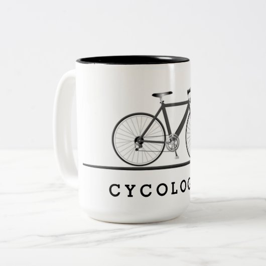 Text des Zykologen mit grauem Fahrrad Zweifarbige Tasse (Vorderseite Links)