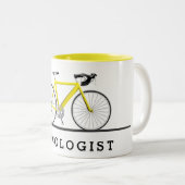 Text des Zykologen und gelbes Fahrrad Zweifarbige Tasse (VorderseiteRechts)