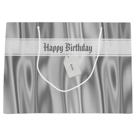 Text: Elegant Happy Birthday Silver Satin Große Geschenktüte (Vorderseite)