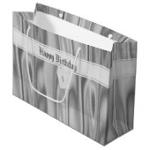 Text: Elegant Happy Birthday Silver Satin Große Geschenktüte (Vorderseite Schrägansicht)