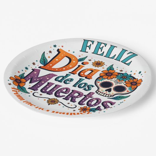 💀 🎉 Text, Feliz Día de los Muertos Pappteller (Schrägansicht)