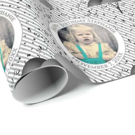 Text .Foto Graue/weiße Streifen Geschenkpapier (Rolleneckpunkt)