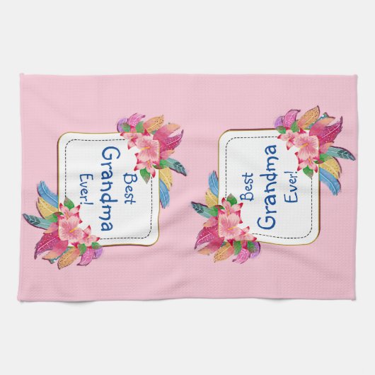 Text hinzufügen Name Boho Blume Feathers Oma änder Geschirrtuch (Horizontal)