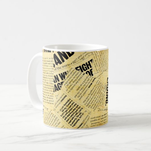 Text in Zeitungen mit altem Papier Kaffeetasse (Vorderseite Links)