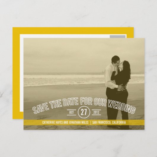 Text Overlay speichert Datumskarten - Senf Ankündigungspostkarte (Vorne/Hinten)