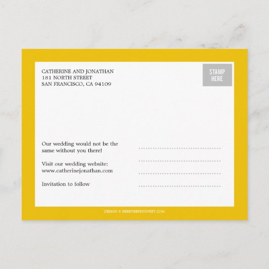 Text Overlay speichert Datumskarten - Senf Ankündigungspostkarte (Rückseite)