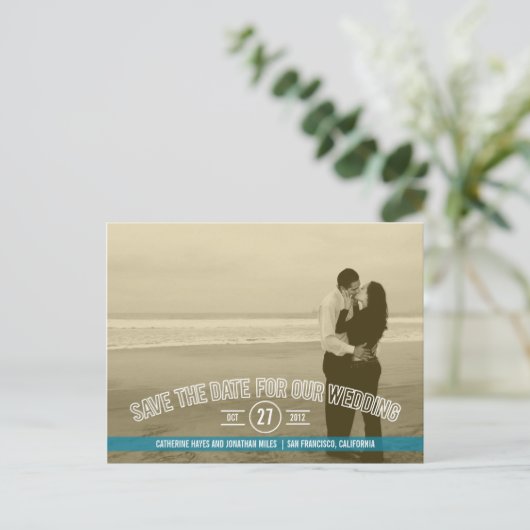 Text-Overlay speichert Datumskarten - Türkis Postkarte (Stehend Vorderseite)