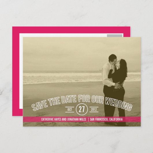 Text Overlay speichert die Datumskarten - Fuchsia Ankündigungspostkarte (Vorne/Hinten)