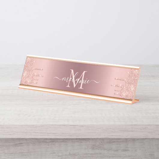 Text-Rose für Monogramm: Farbblindfarbiger Glitzer Schreibtischnamensplakette (Vorderseite )