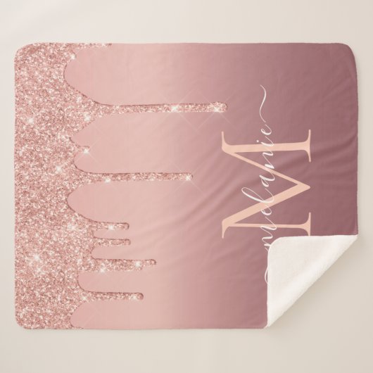 Text-Rose für Monogramm: Gold-Blush-Glitzer Sherpadecke (Vorderseite (Horizontal))