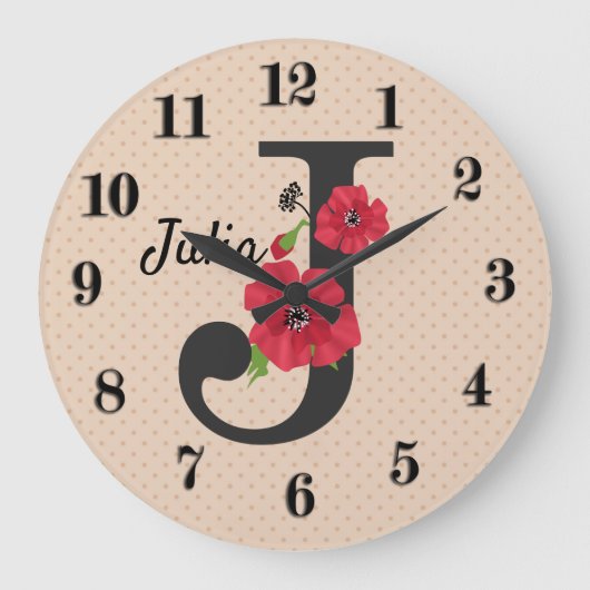 Text-Rot-Blume des personalisierten Monogramms Große Wanduhr (Vorderseite)